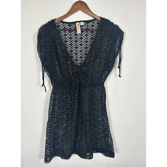 Miken Tops - Y2K Crochet Open Knit Fairy Grunge Babydoll Top Tunic Size M Black Whimsigoth